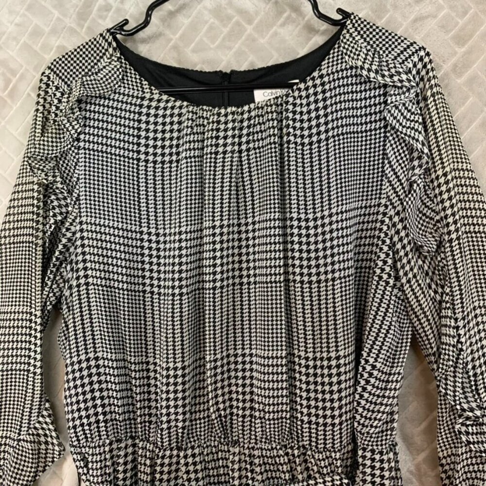 Calvin Klein Womens M Mini Dress Black White Houndstooth Long Sleeve with Belt - Picture 2 of 16
